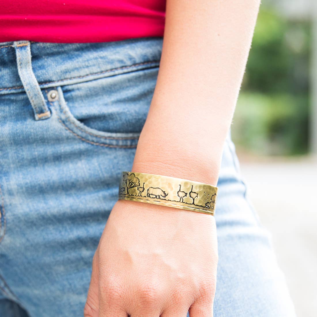 Rhino and Ostrich Brass Engraved Cuff Bracelet