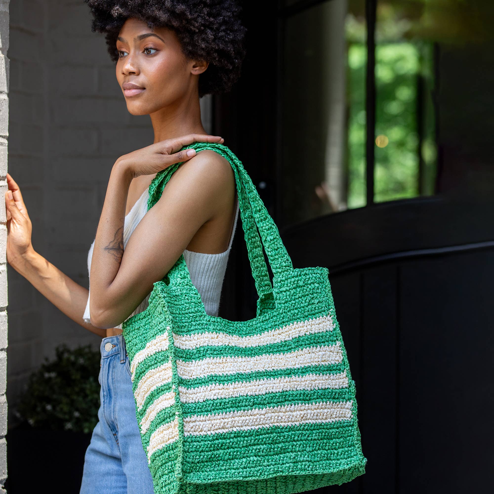 Kauai Bag - Green Box Bag with White Stripes