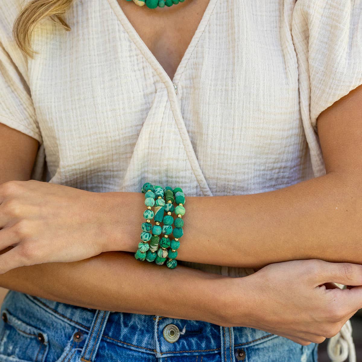 Aasha Seagrass Coil Kantha Beaded & Handcrafted Bracelet