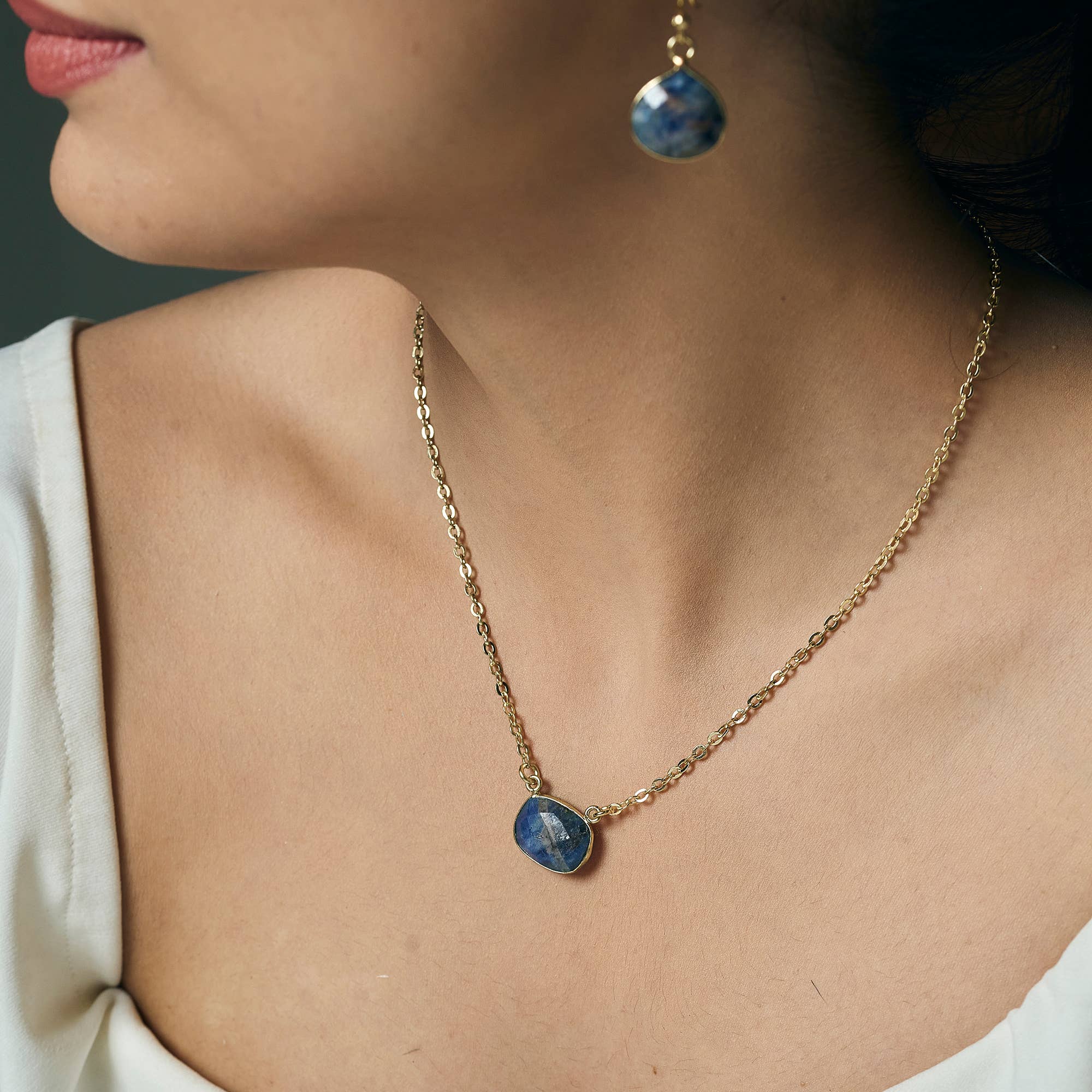 Gold Plated Necklace with Semi-Precious Stone - Sodalite