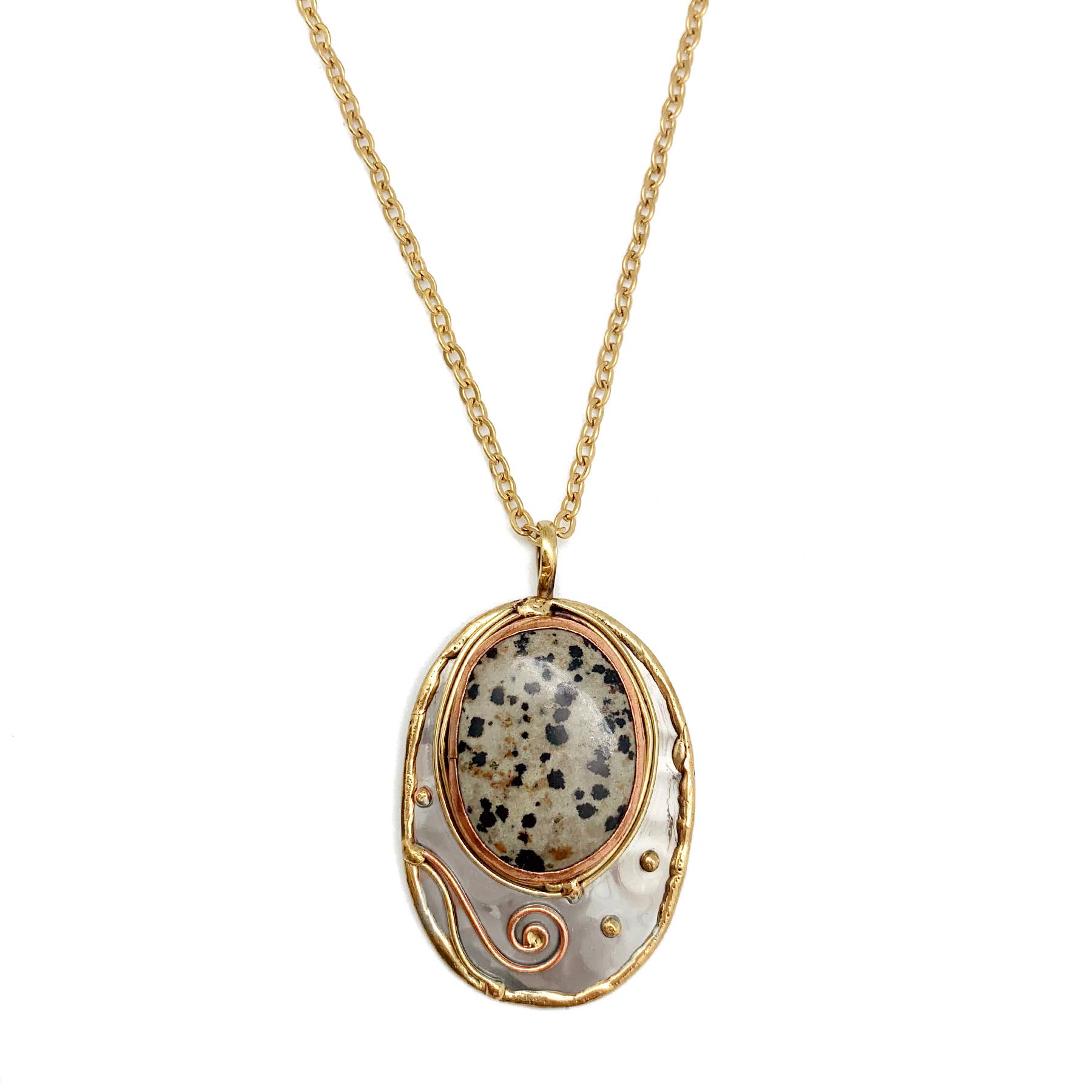Mixed Metal and Dalmatian Jasper Stone Pendant with Chain