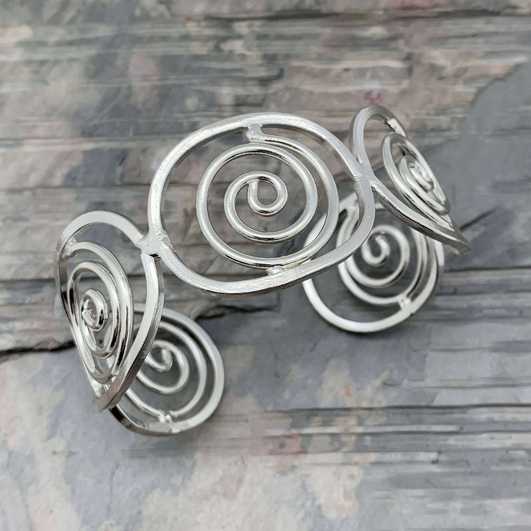 Silver Plated Adjustable Cuff Bracelet - Spiral Ovals
