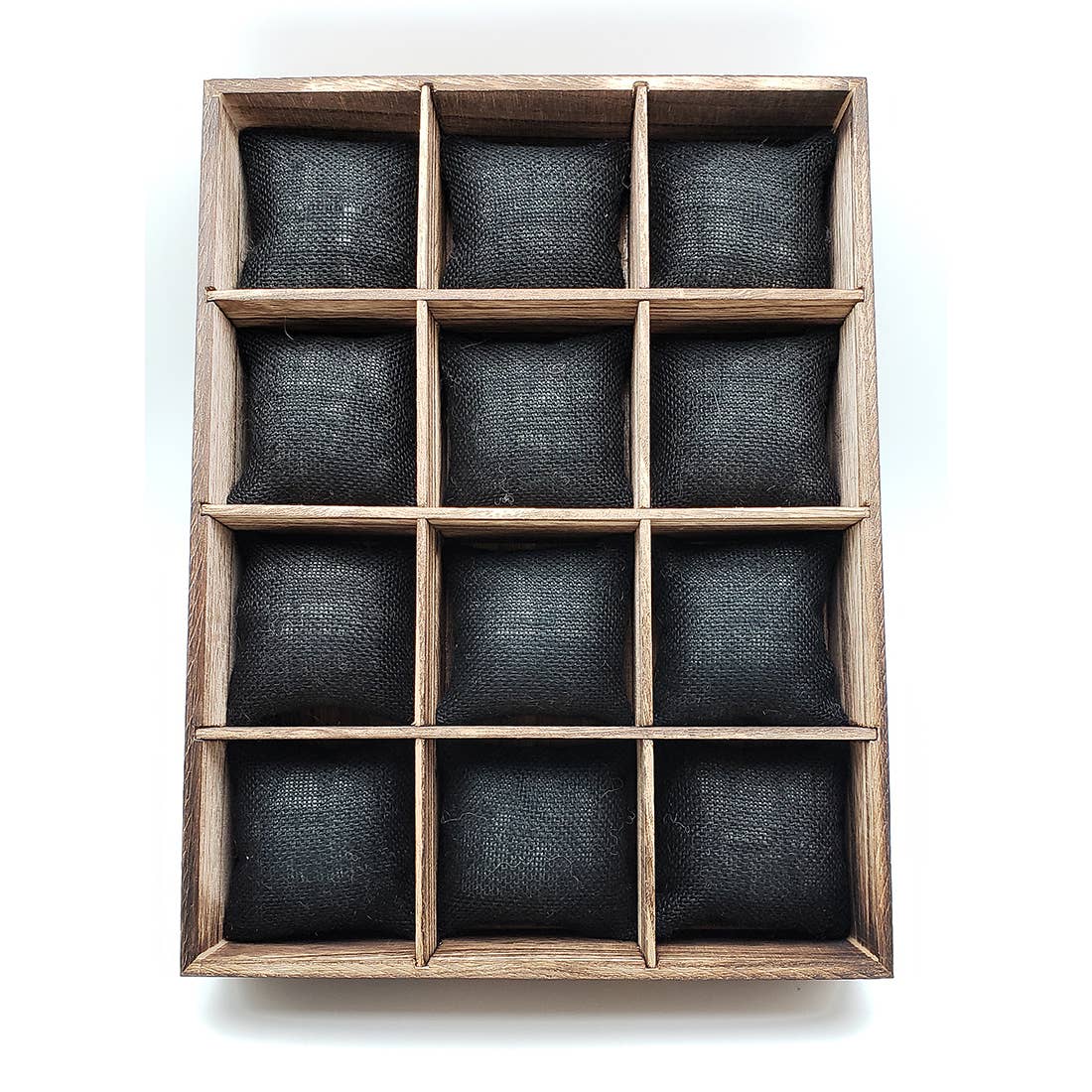 Wooden Tray and Black Burlap Cushions