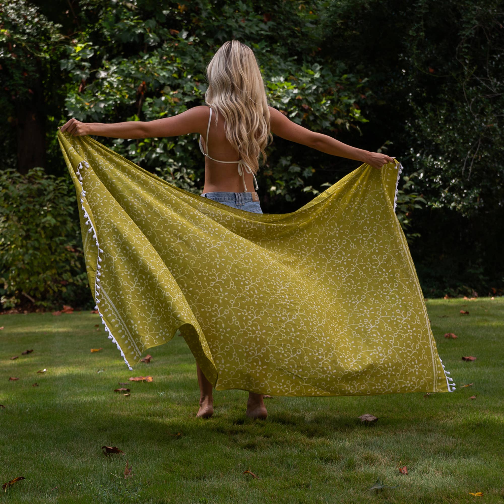 Handcrafted Cotton Sarong - Chartreuse Floral Vine