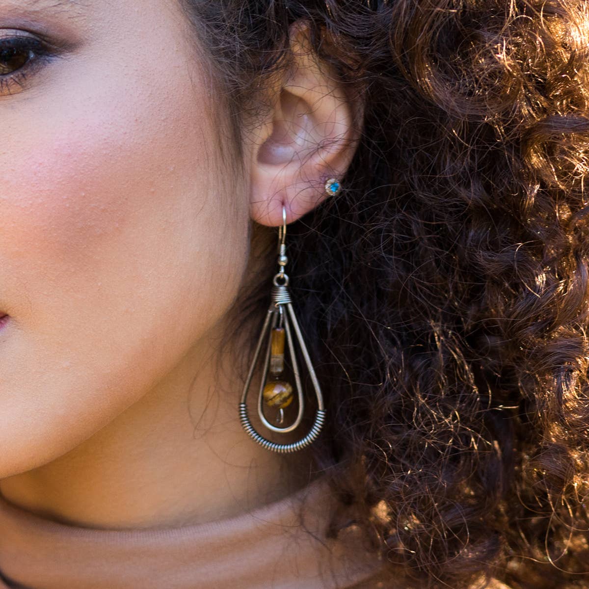 Wire-Wrapped Stone Earrings - Antique Silver, Tiger Eye