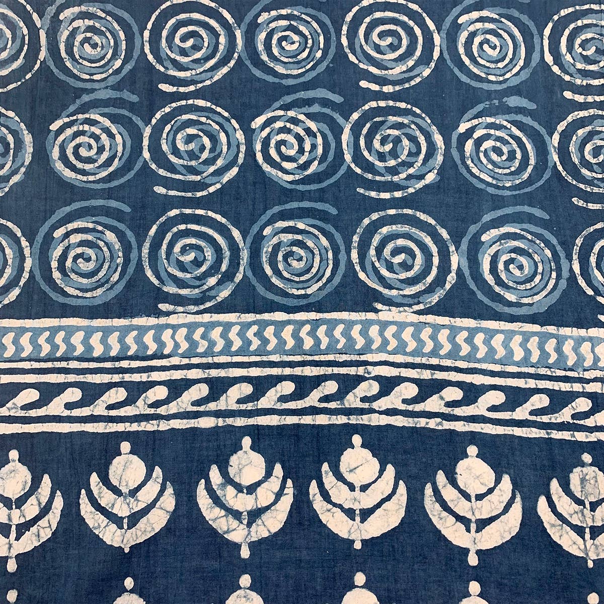 Block Printed Cotton Scarf - Indigo with Spirals and Flowers