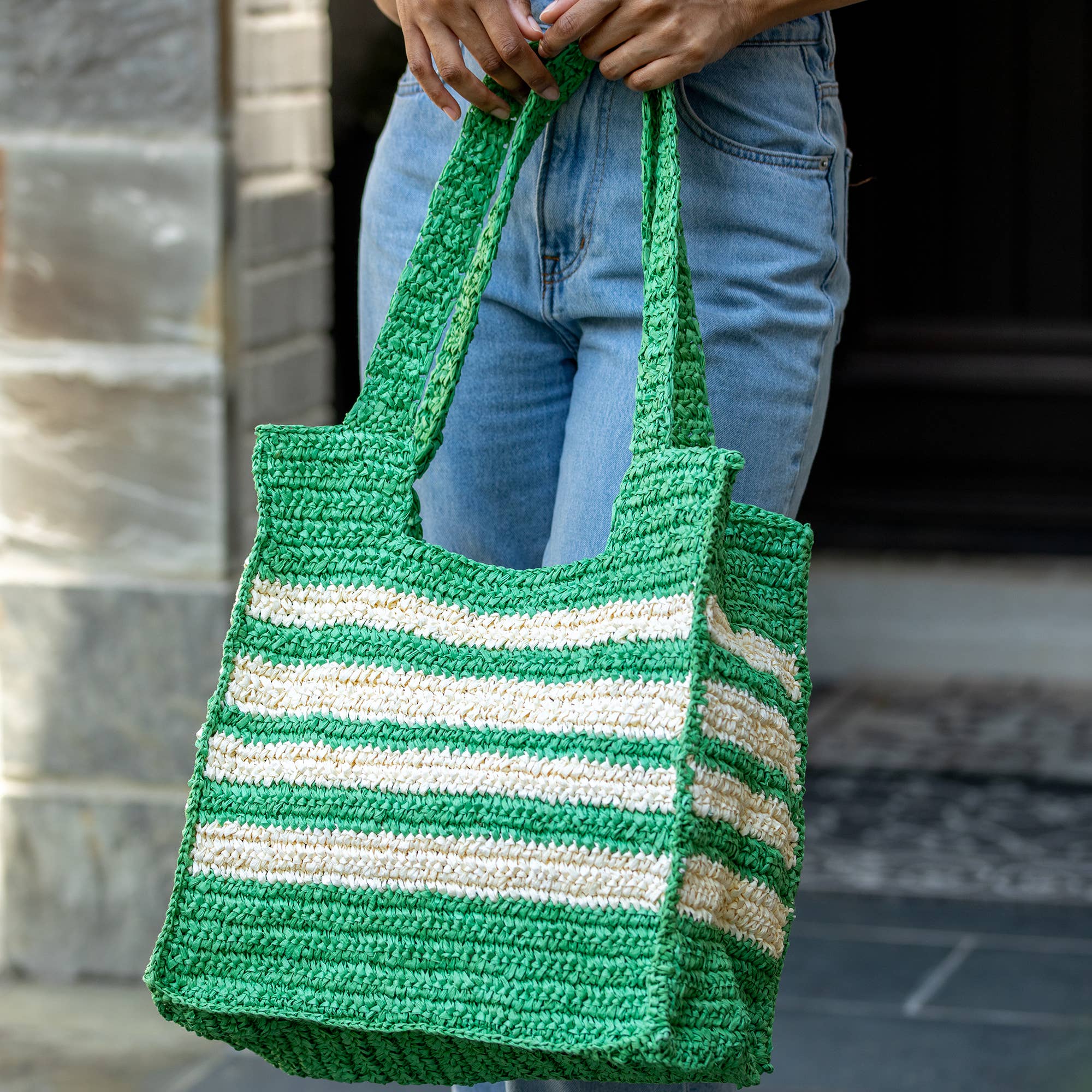 Kauai Bag - Green Box Bag with White Stripes