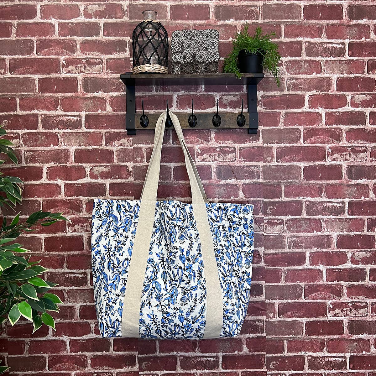 Handcrafted Canvas Bag with Block-Printed Azure Canopy