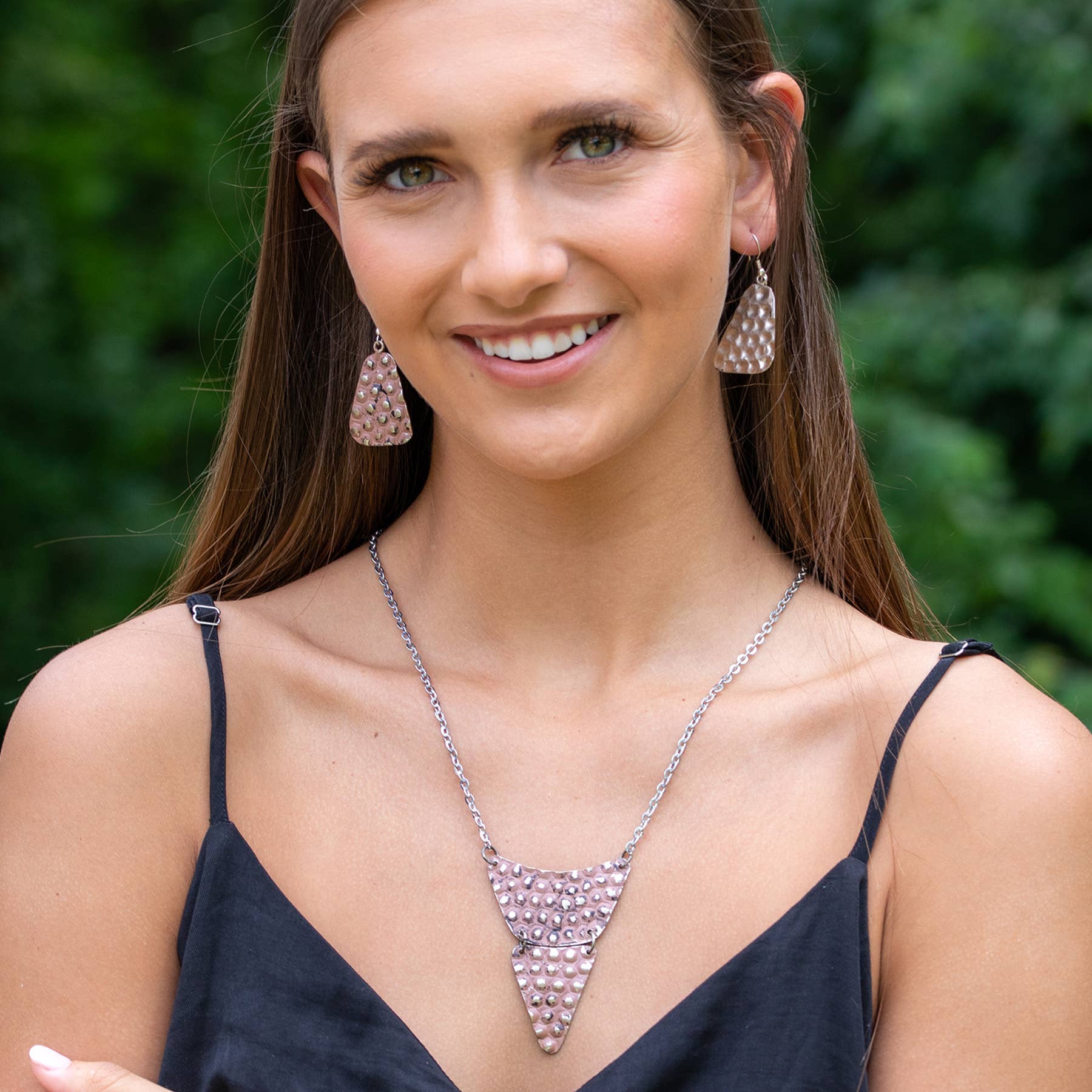 Silver Patina Necklace - Dusty Rose Pieced Triangle
