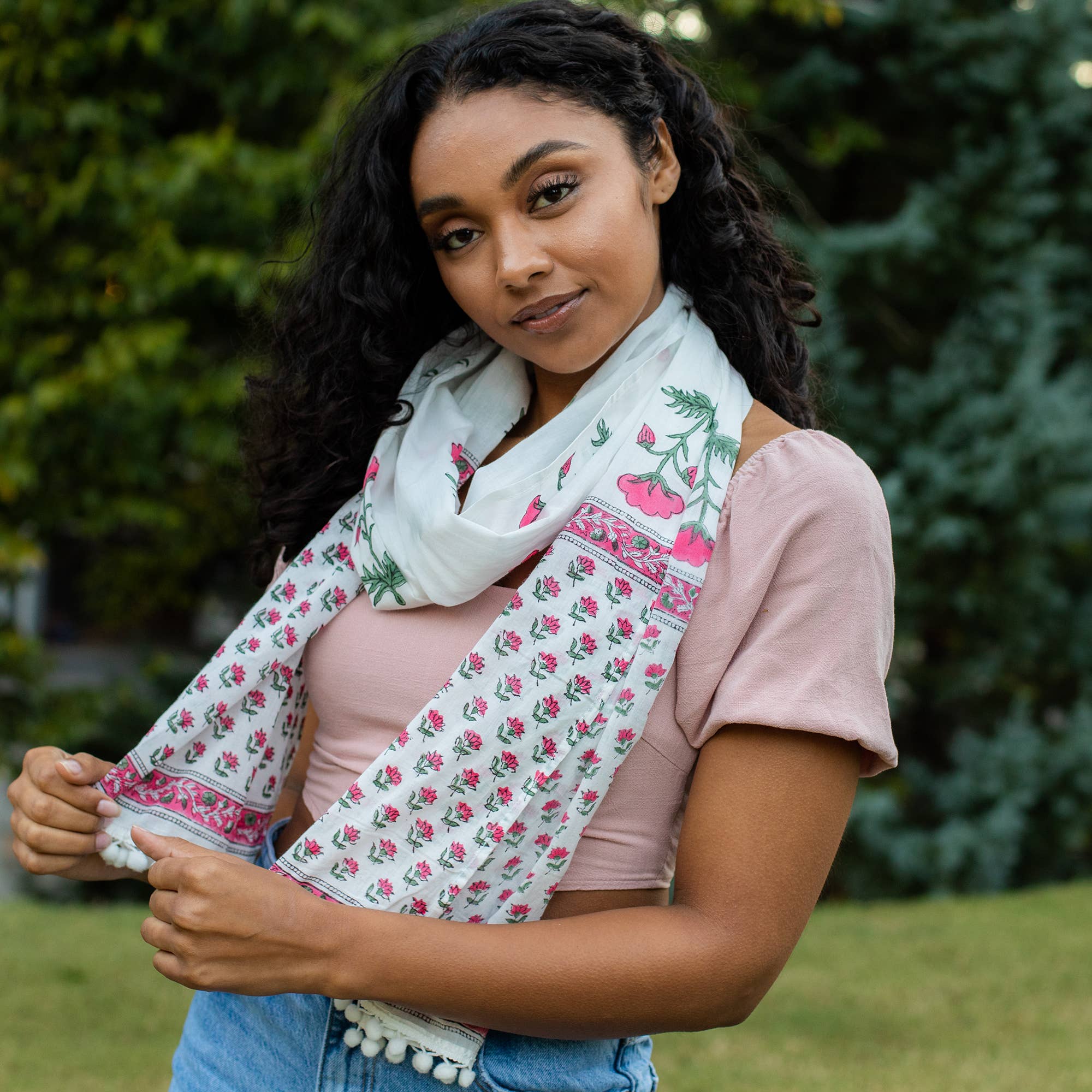 Block Printed Cotton Scarf - White with Pink Flowers