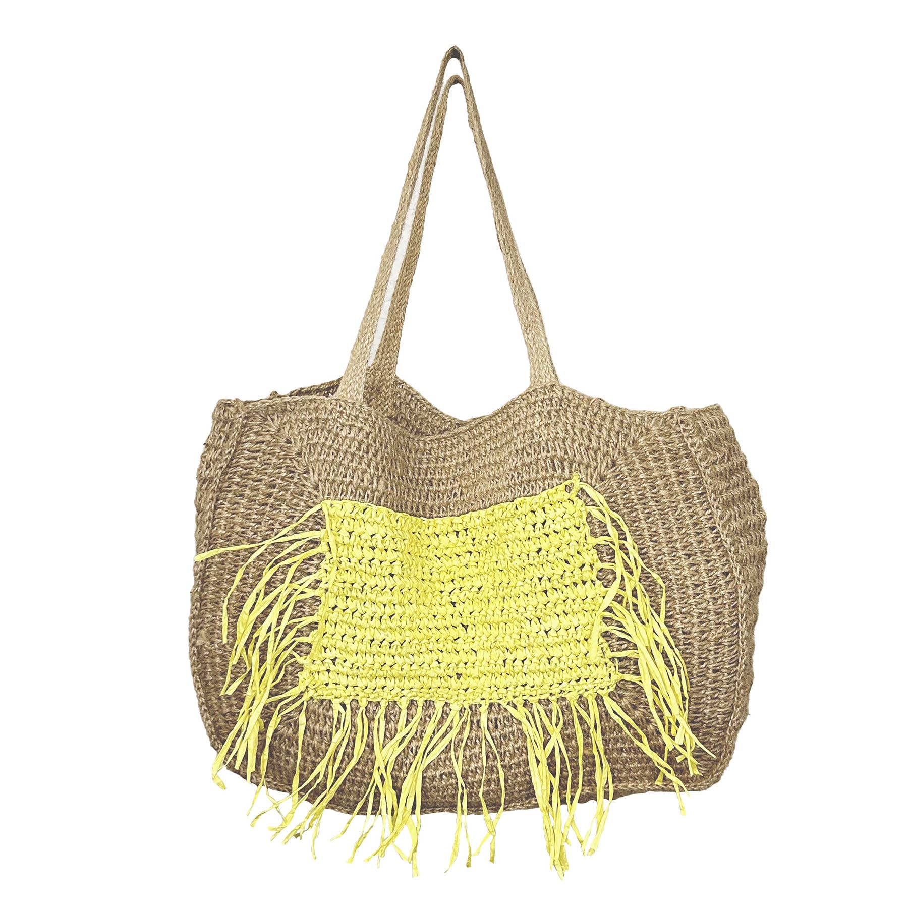 Lana Woven Jute Bag with Color Raffia Pocket - Yellow