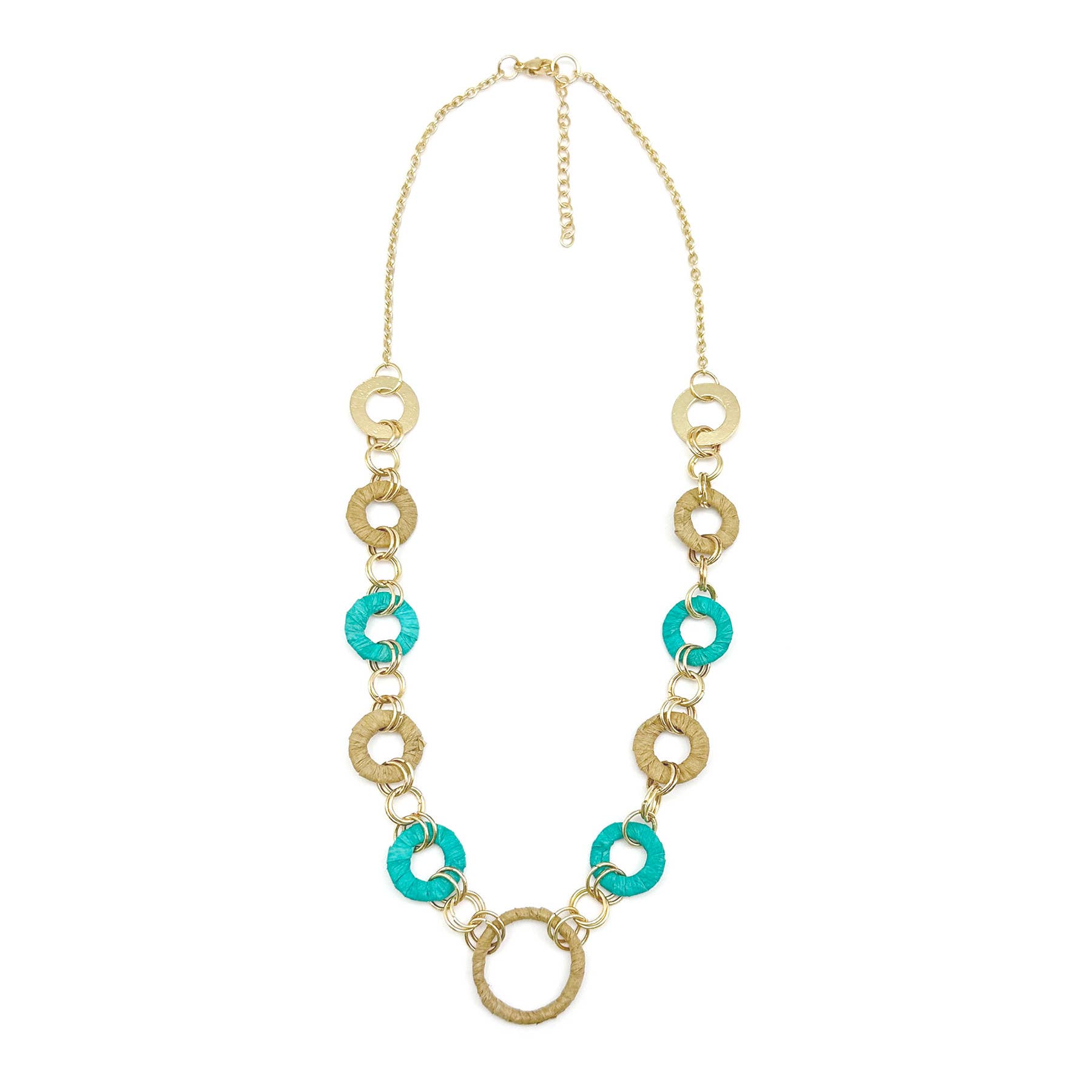 Sachi Raffia Rings Necklace - Teal and Beige Small Rings