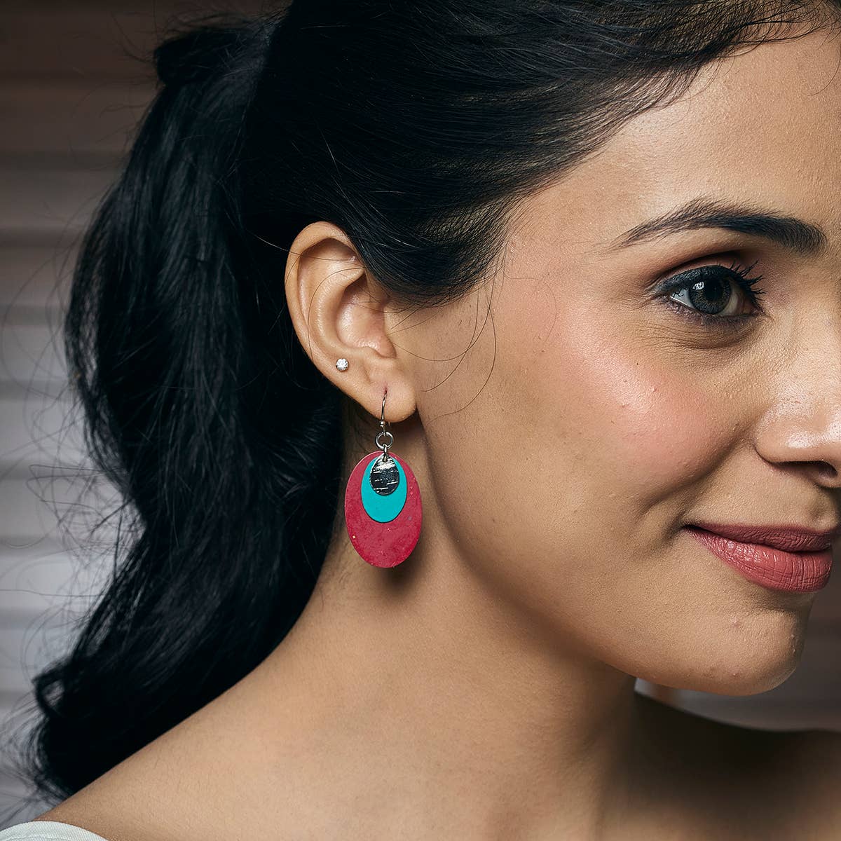 Handcrafted Fuchsia & Teal Patina Layered Oval Earrings