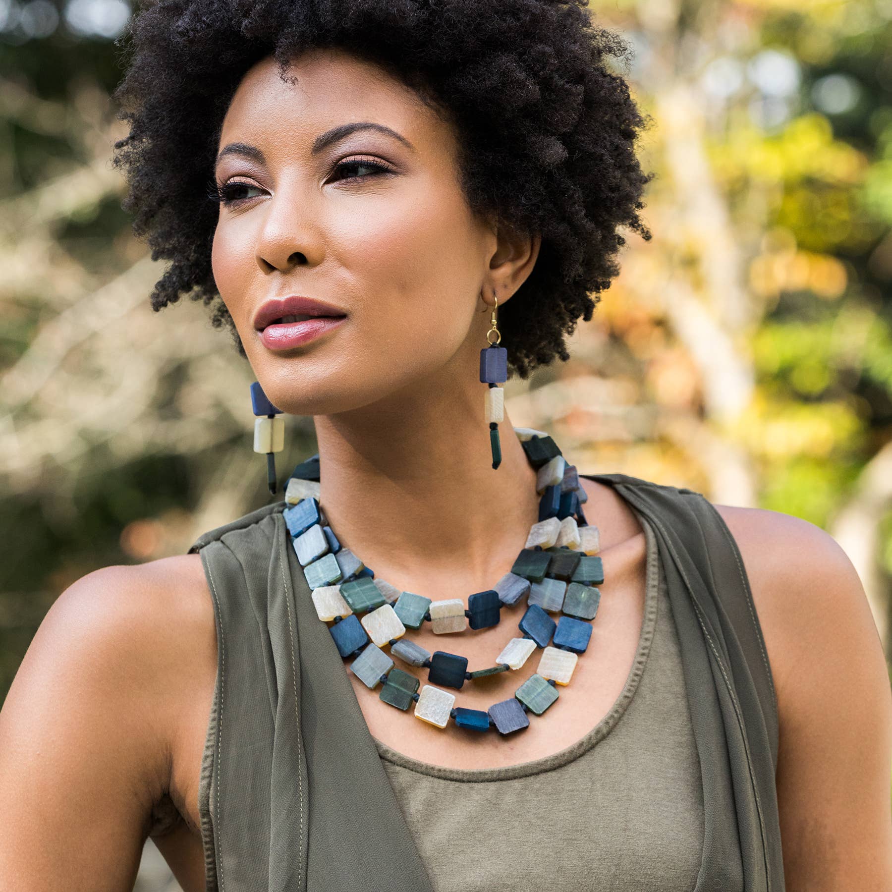 Omala Misty Greens Collection - Triple Layer Bib Necklace