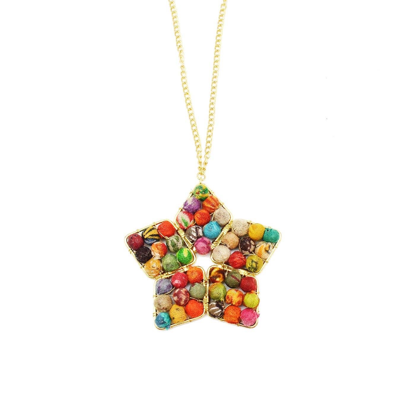 Aasha Star Flower Pendant Long Kantha Handcrafted Necklace