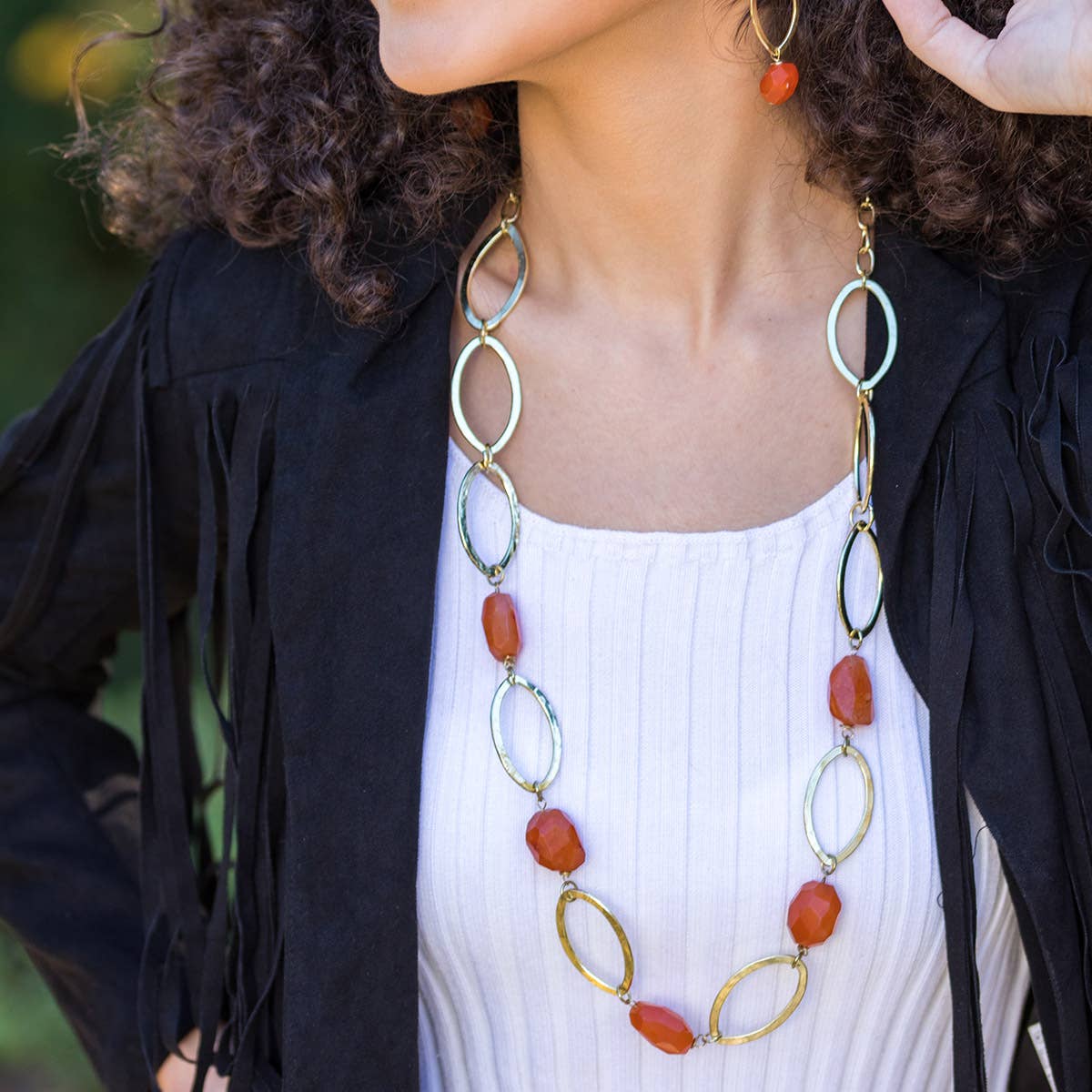 Gold-Plated Long Necklace With Carnelian Stones
