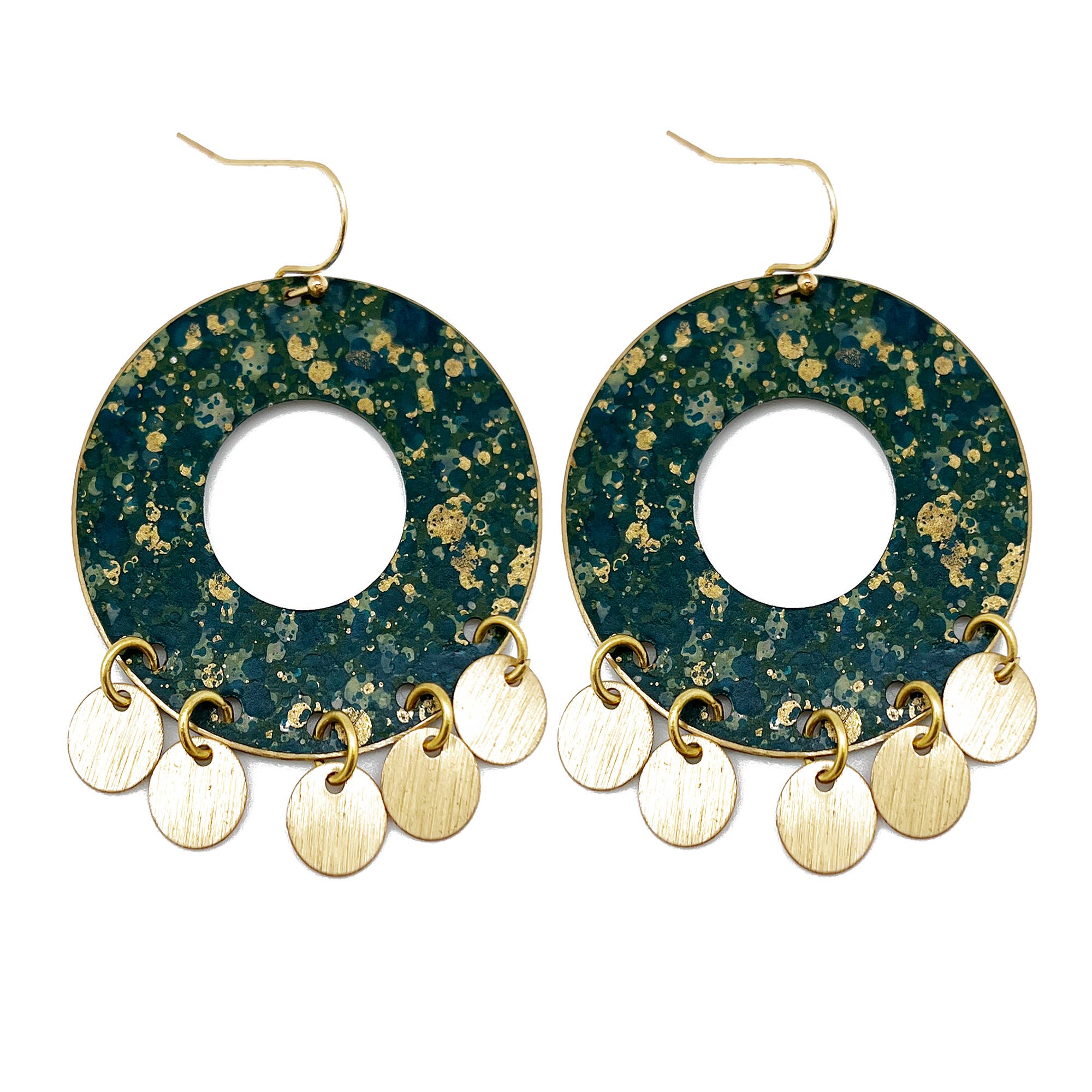 Brass Patina Earrings - Dark Green Circle with Brass Dangles