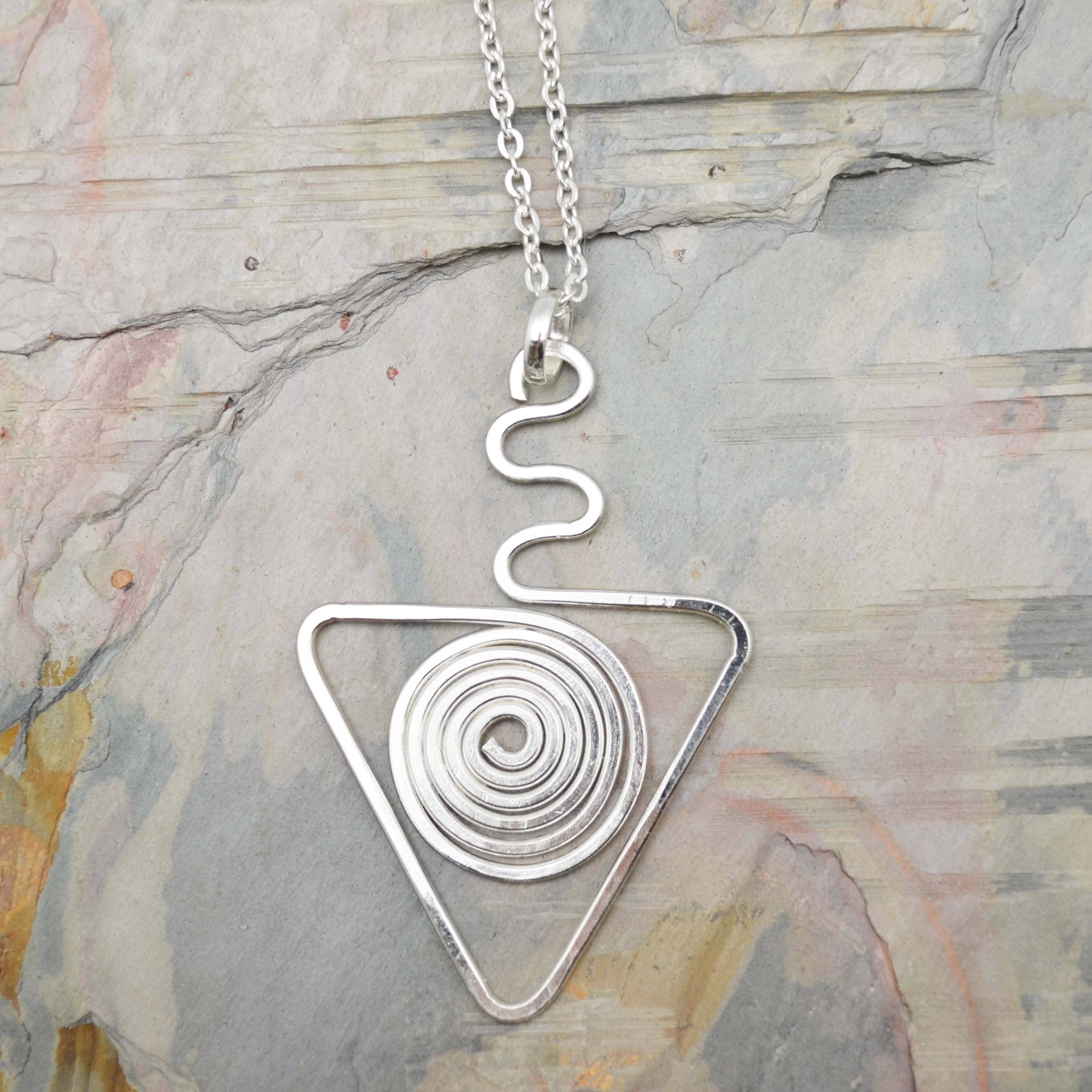 Silver Plated Pendant Necklace - Triangle and Spiral