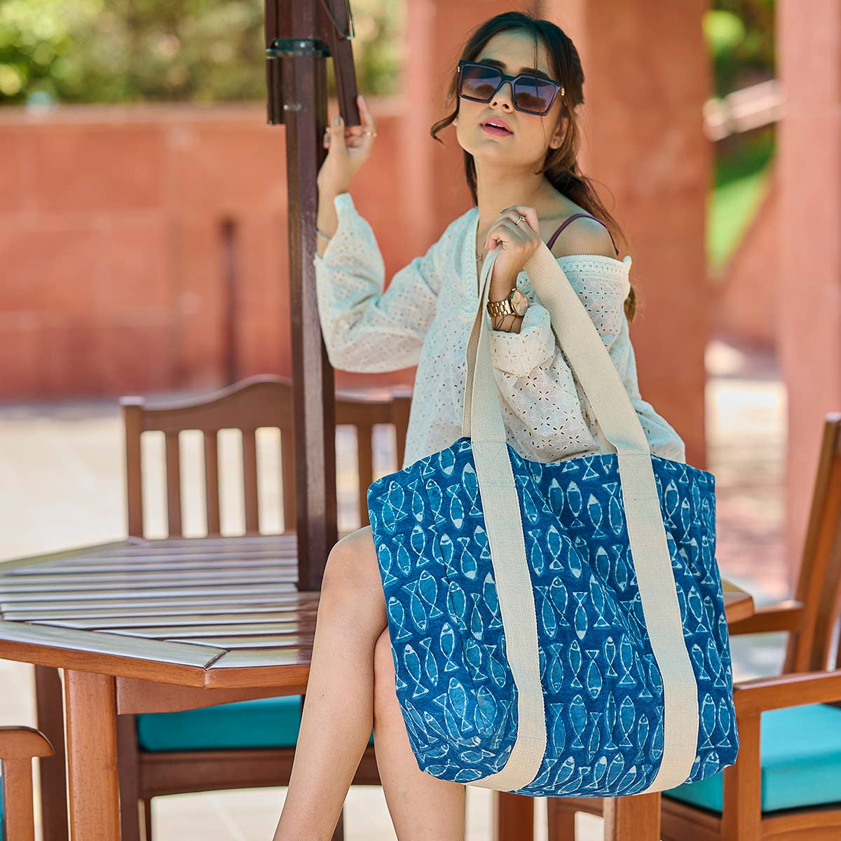 Handcrafted Canvas Bag with Block-Printed Deep Blue Fish