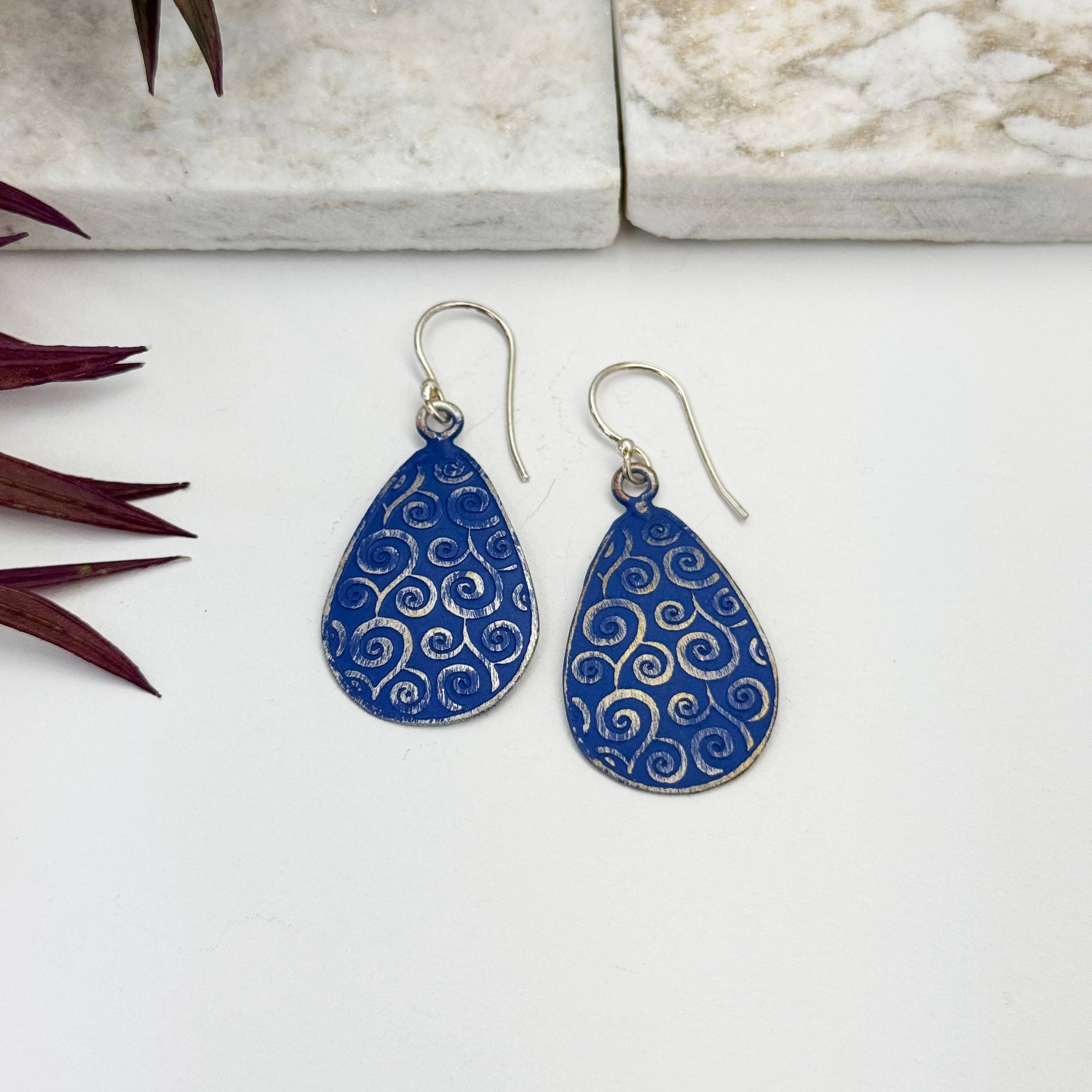 Handcrafted Silver Patina Royal Blue Scrollwork Earrings