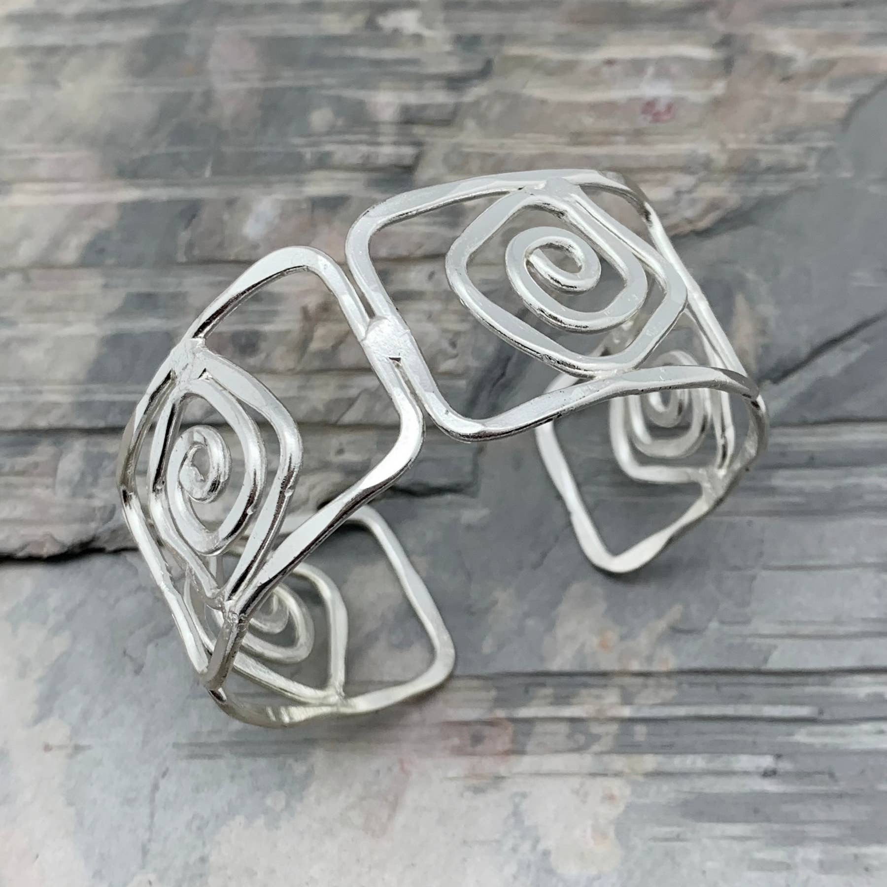 Silver Plated Adjustable Cuff Bracelet - Square Rectangles