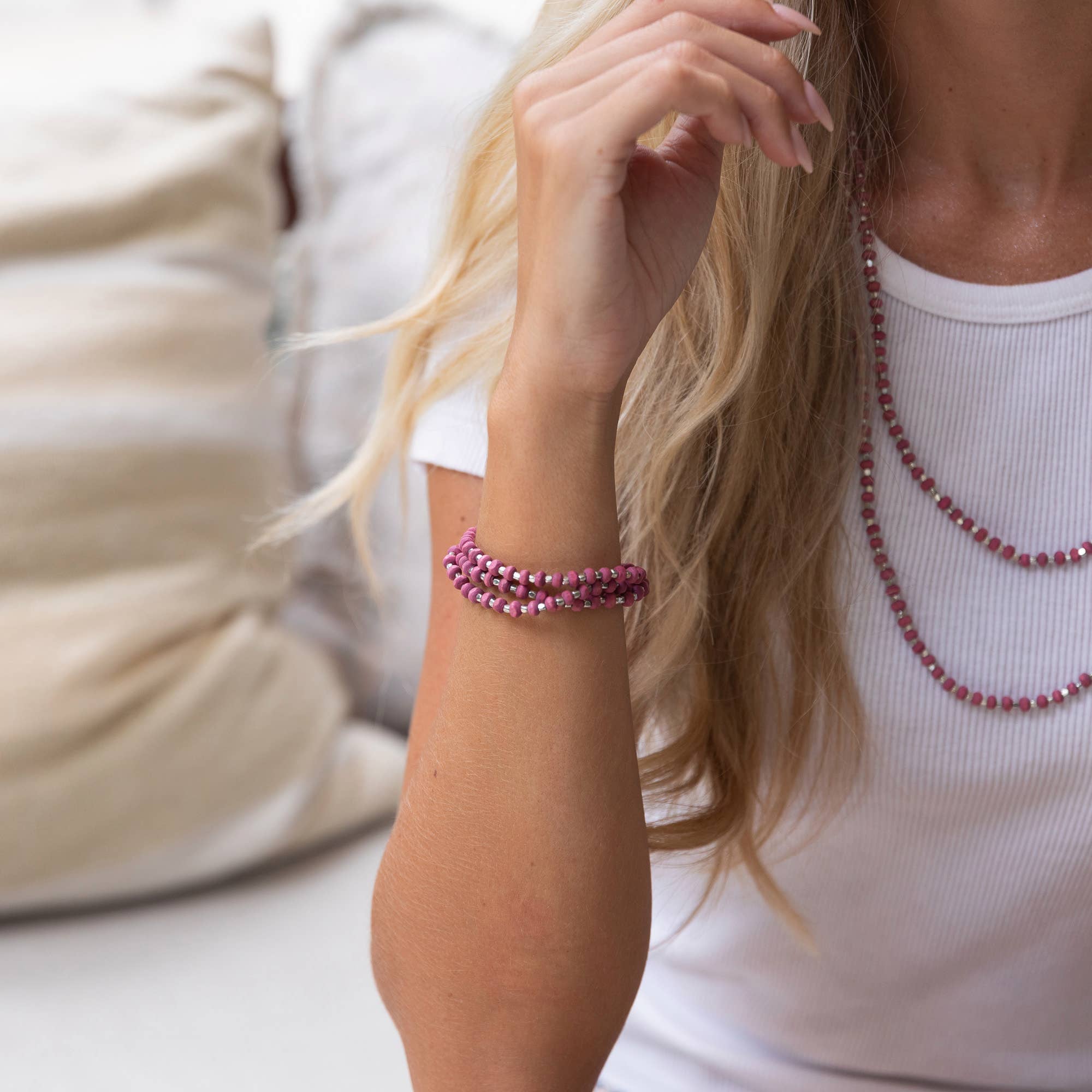 Sachi Wood Bead Wrap Bracelet - Fuschia