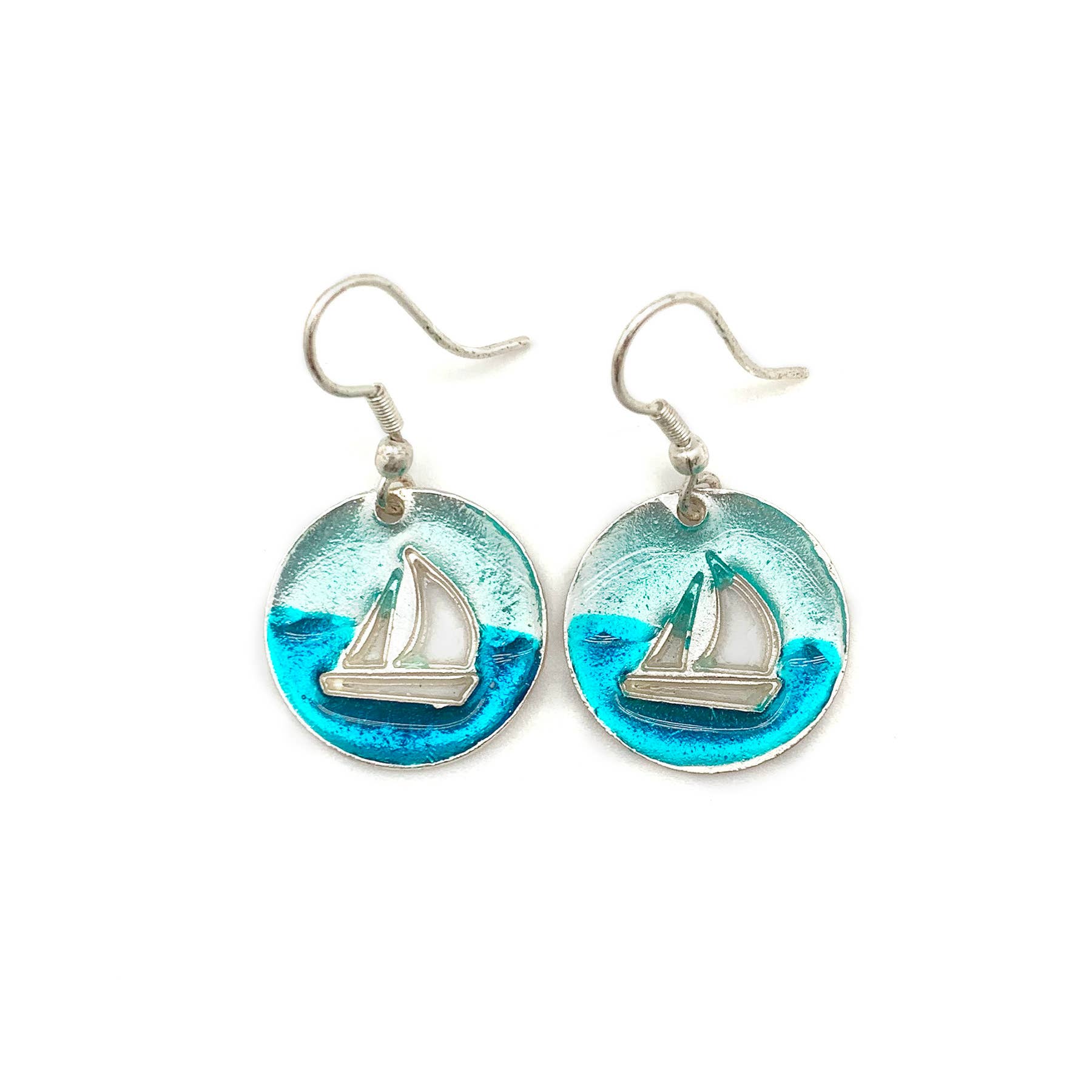 Pewter Earrings w Color Enamel - Teal/Aqua Sailboat