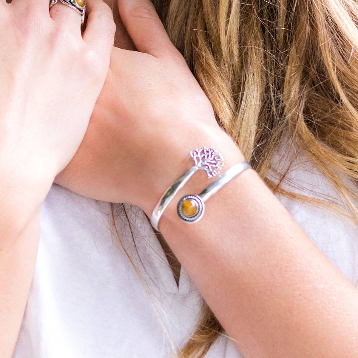Tanvi Collection Bangle Bracelet - Silver with Tigerseye