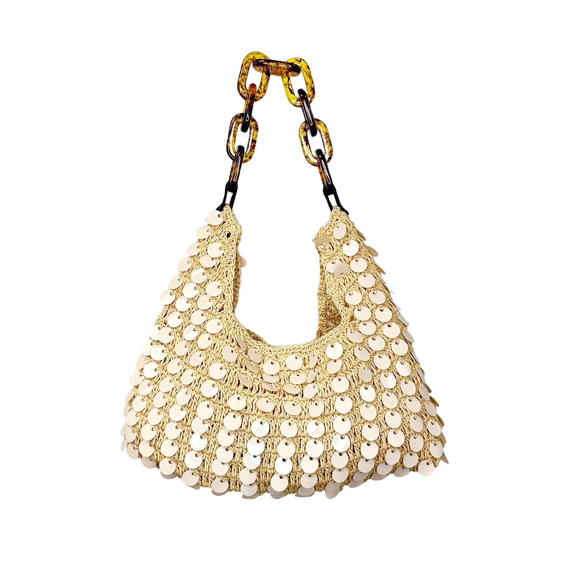 Mia Cotton Purse With Sequins and Chain Handle - Beige