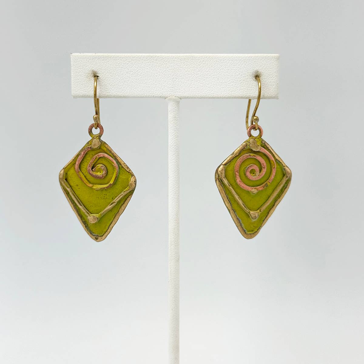 Handcrafted Lime Green & Copper Spiral Brass Patina Earrings
