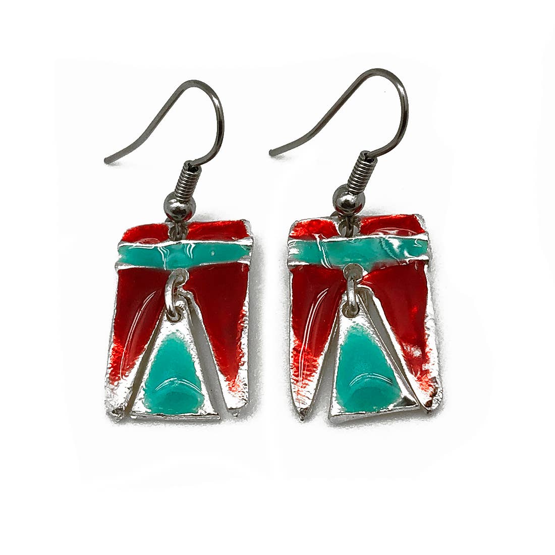 Pewter Earrings with Color Enamel - Red/Aqua
