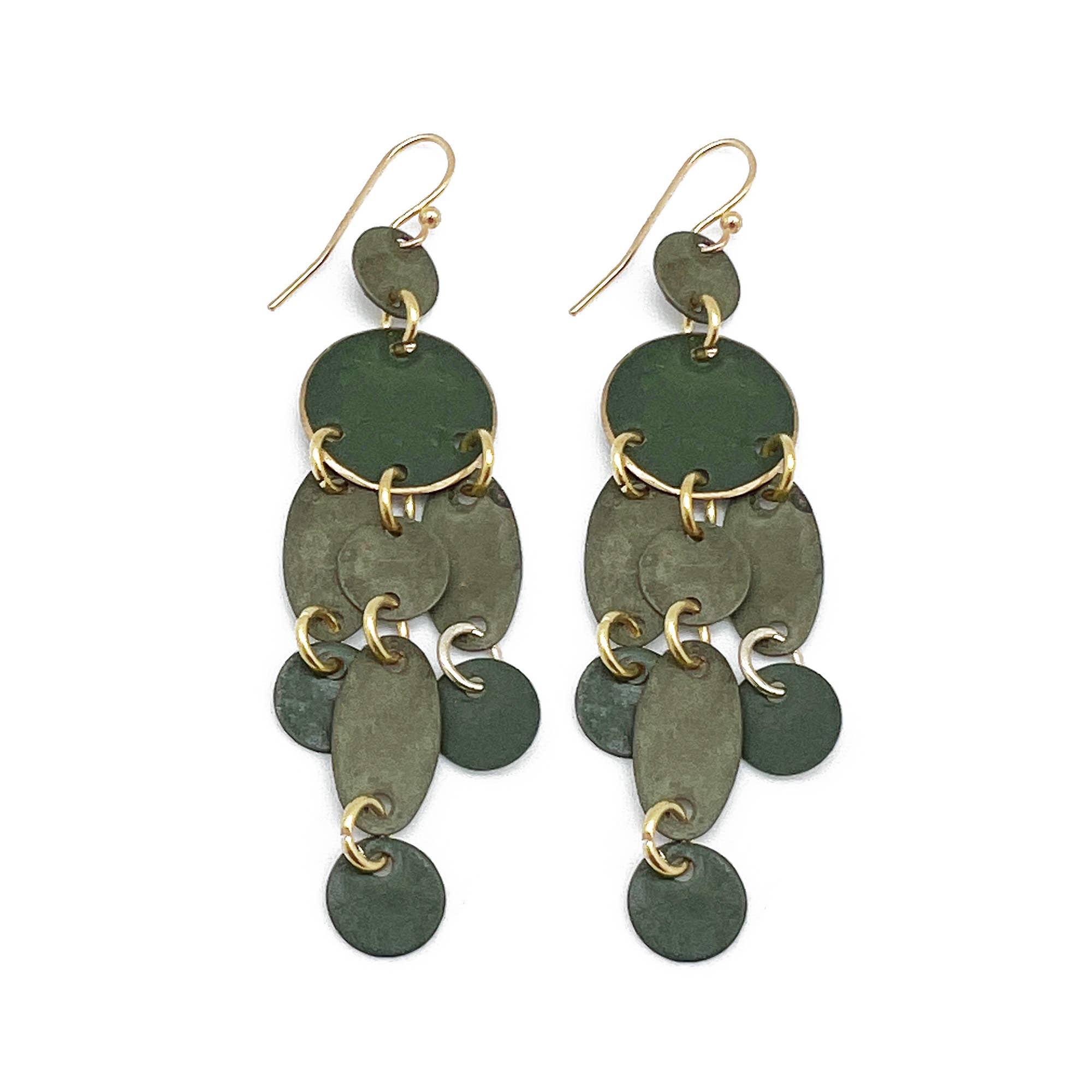 Brass Patina Earrings - Forest Green Layered Tassles