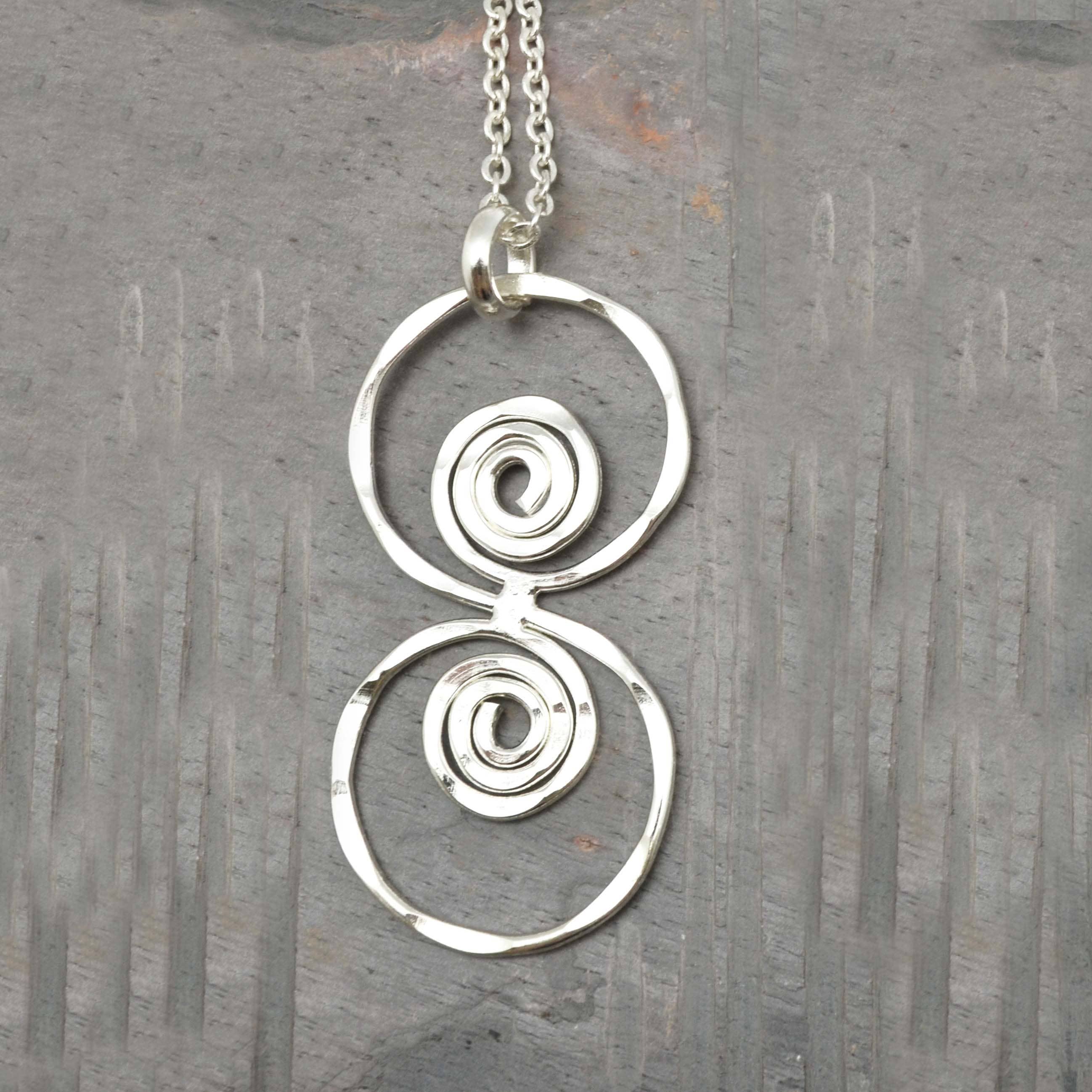 Silver Plated Pendant Necklace - Two Circles With Spirals