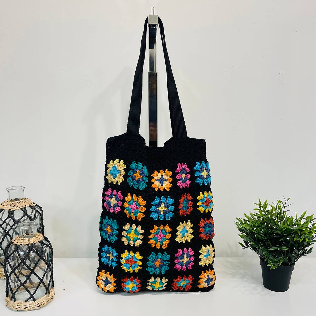 Laya Black Cotton Crochet Tote Bags