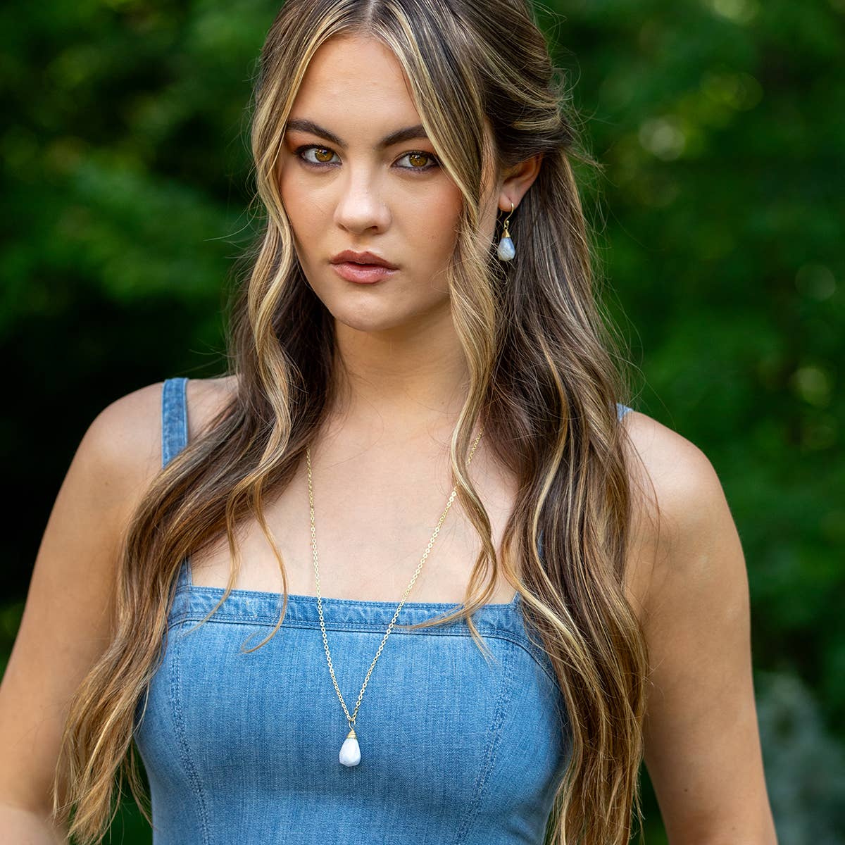 Gold-Plated Blue Lace Agate Teardrop Necklace