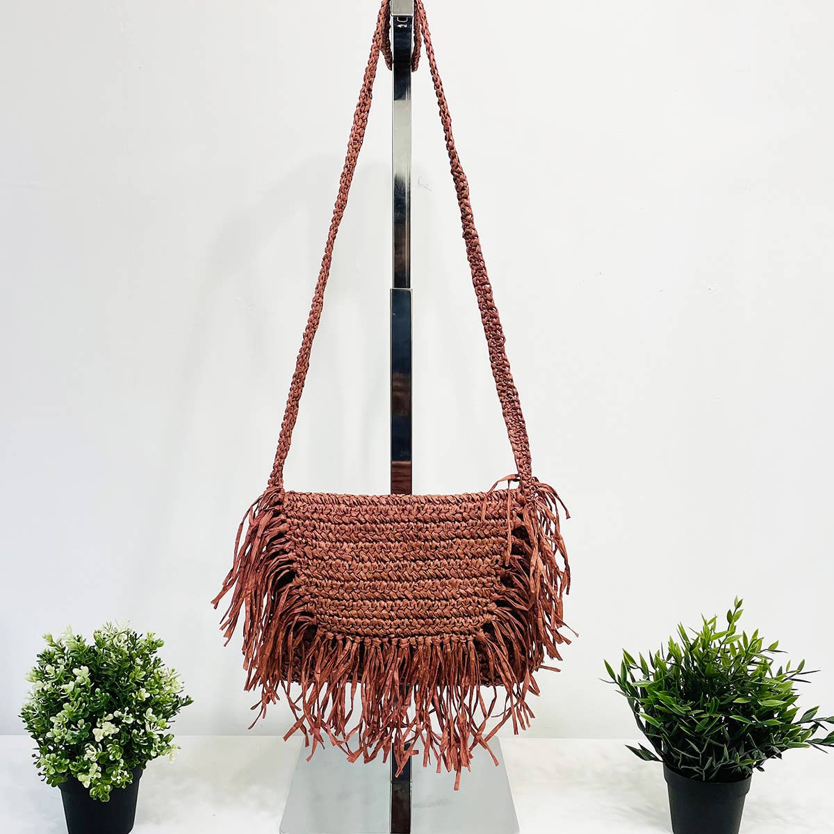 Rhea Bag - Raffia Fringe Envelope Crossbody Bag - Pink