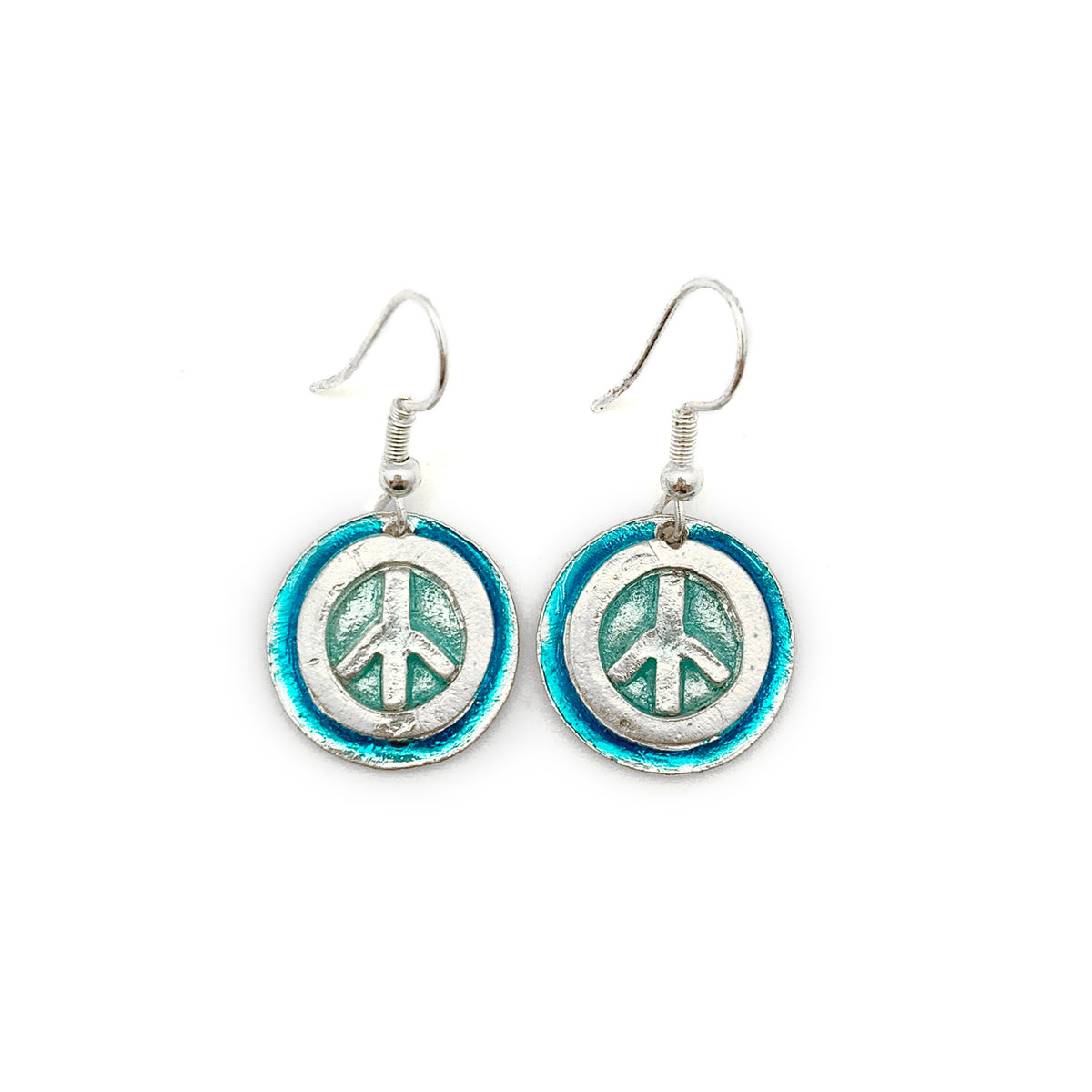 pewter-earrings-with-color-enamel-teal-aqua-peace-sign product photo