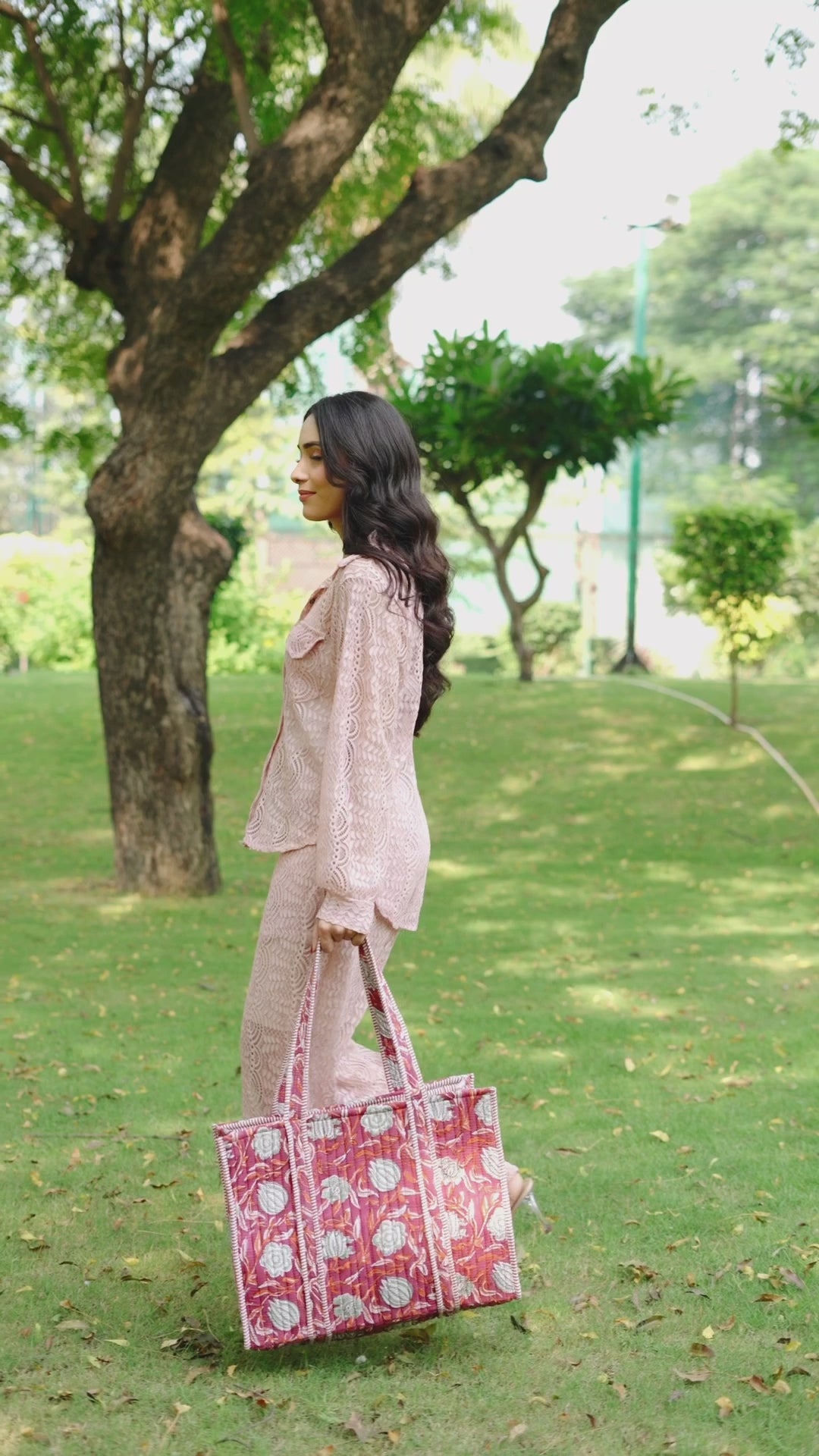 Load video: Hand Creafted Plum Blossoms Quilted Block-Printed Tote