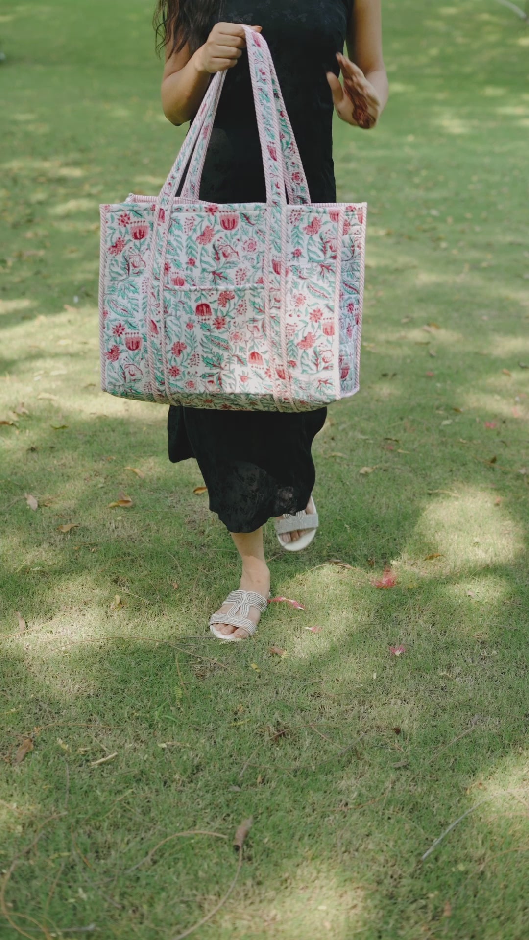 Load video: Hand Creafted Vivid Wildflowers Quilted Block-Printed Tote