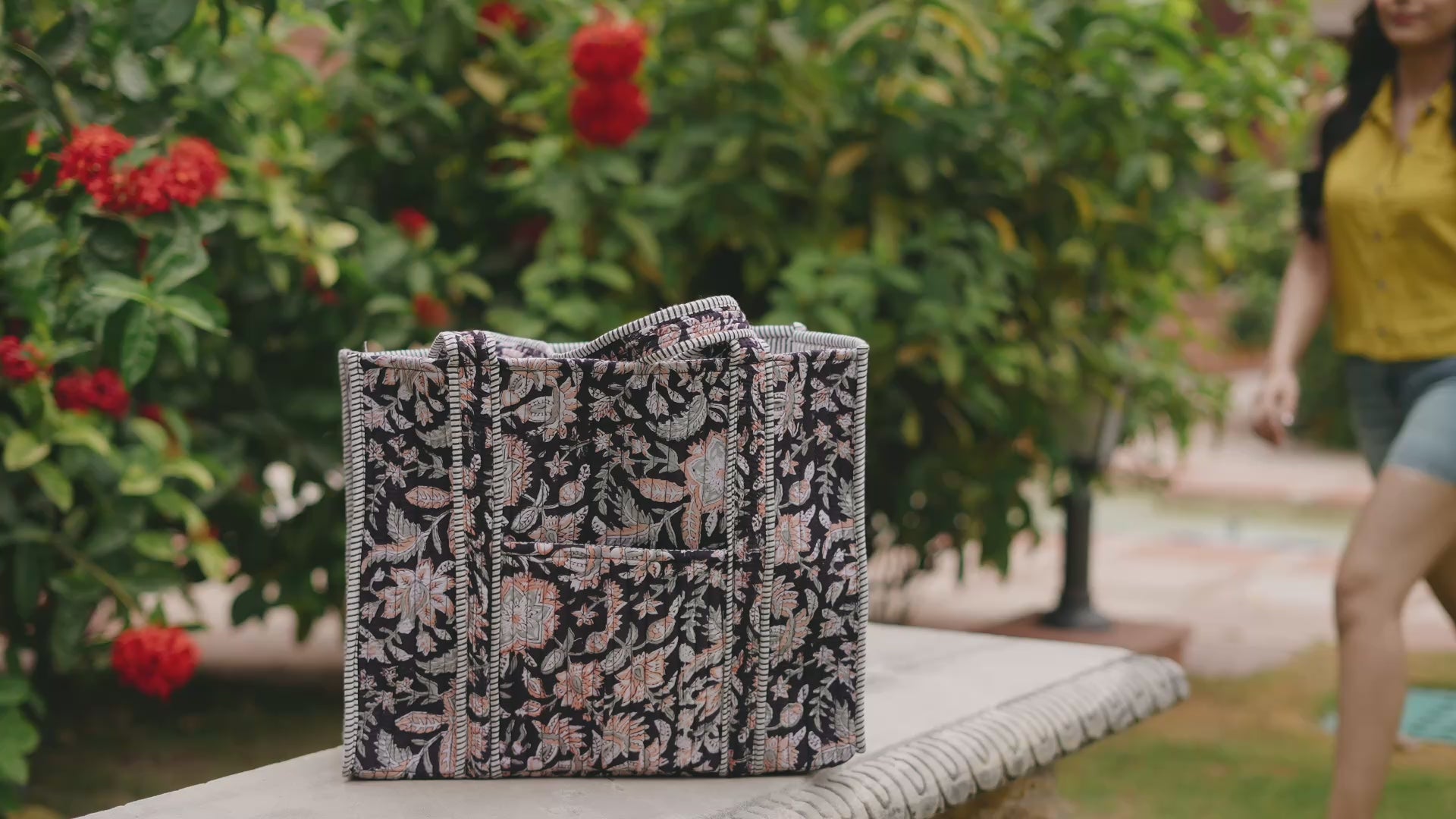 Load video: Quilted Block-Printed Midnight Desert Tote