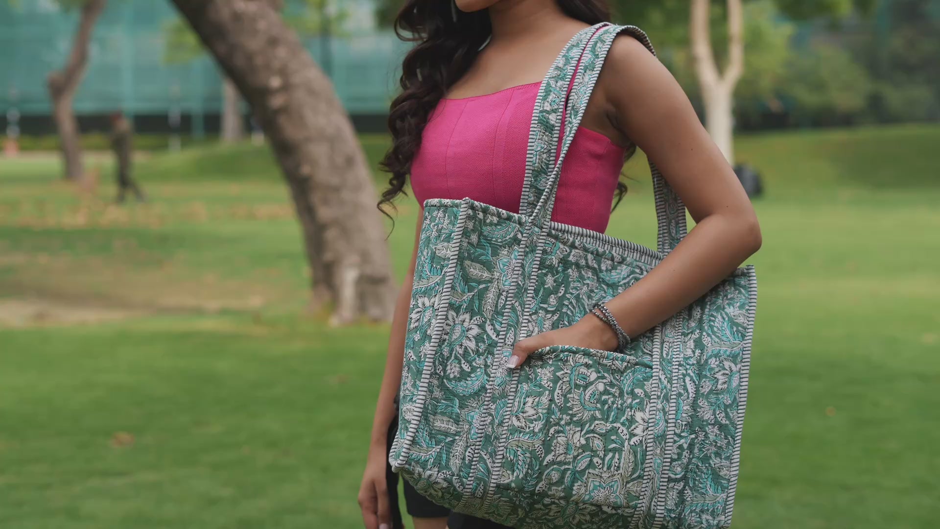 Load video: Hand Creafted Teal Florals Quilted Block-Printed Tote
