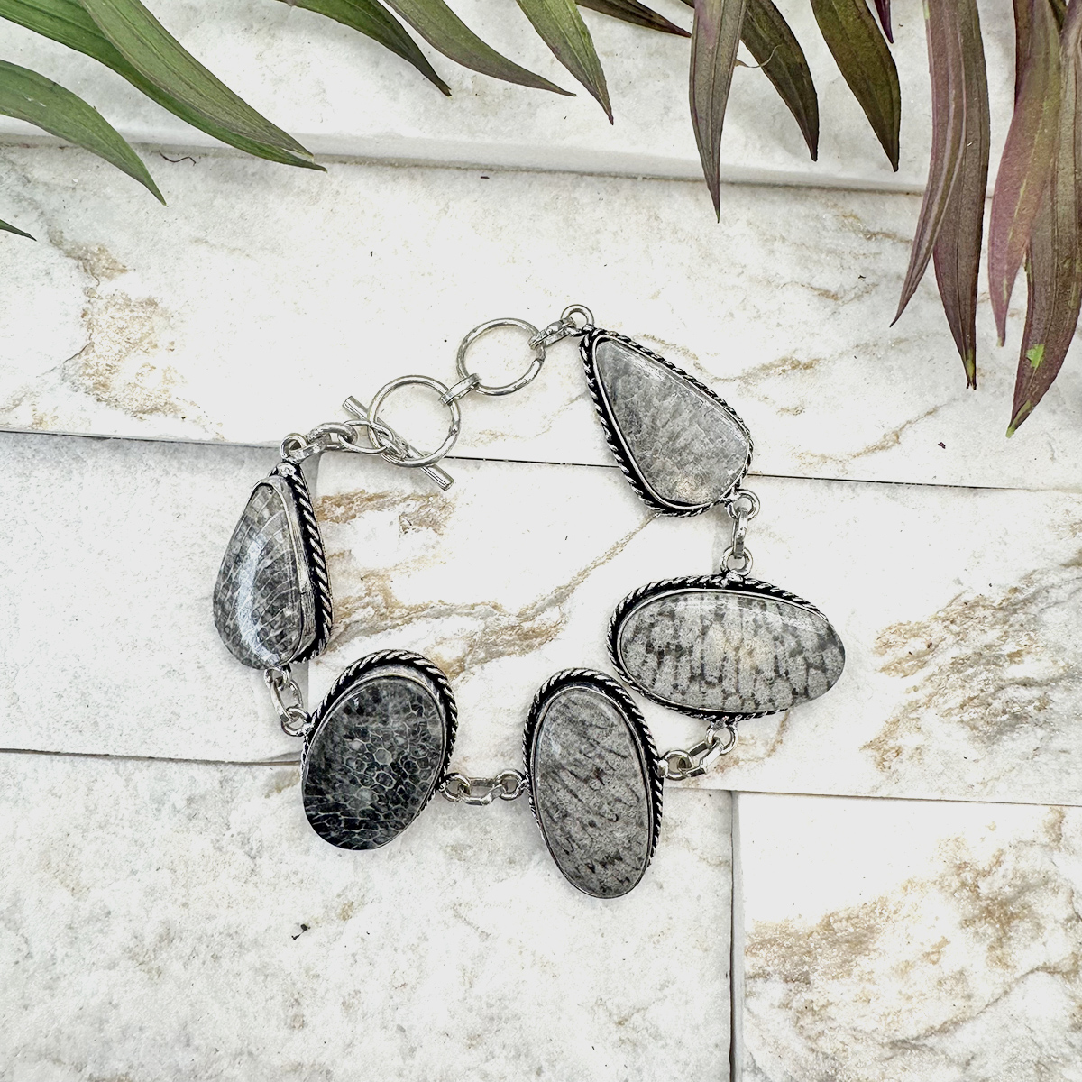 Kashi Semiprecious Stone Link Bracelet - Black Fossil Coral