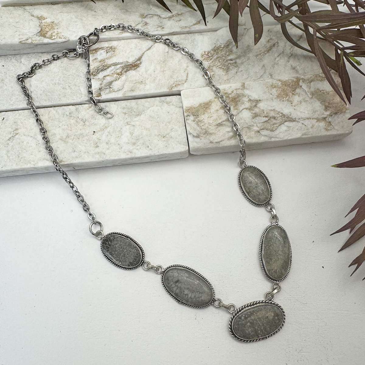 Kashi Semiprecious Stone Bib Necklace - Black Fossil Coral