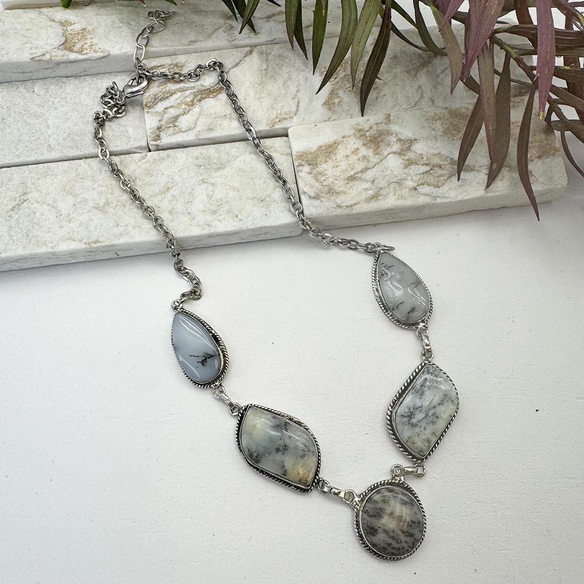 Kashi Semiprecious Stone Bib Necklace - Dendritic Opal