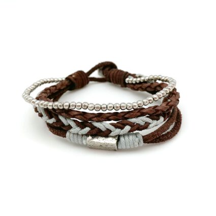Aadi Bracelet - Brown Leather and Light Blue Cord Braided