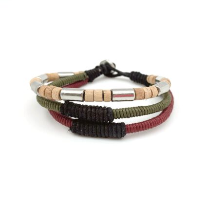 Aadi Bracelet - Wood > Metal Beads, Green > Red Twine