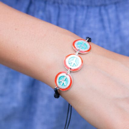 Pewter Bracelet with Color Enamel - Red > Aqua Peace Sign