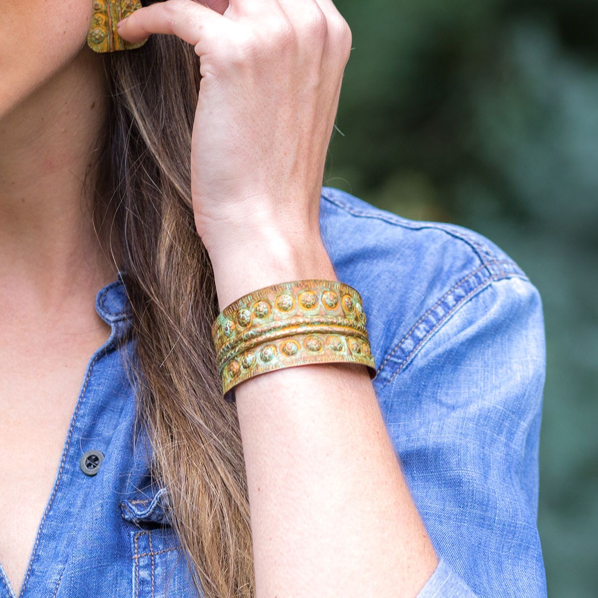 Copper Patina Bracelet - Chartreuse Band and Circles