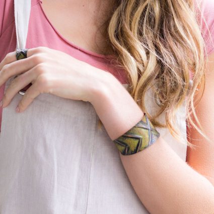Copper Patina Bracelet - Light Green Lines and Rivets