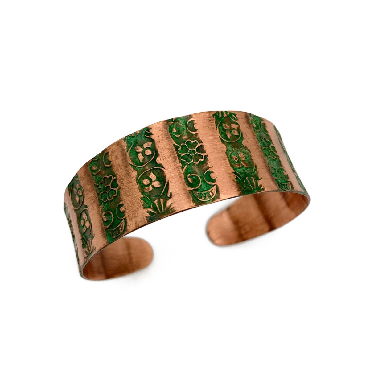 Copper Patina Bracelet - Green Floral Stripes